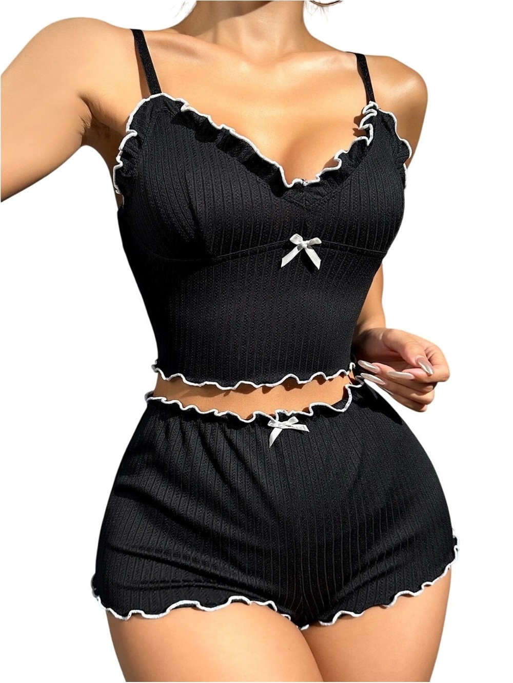 Black Lettuce Trim Rib-Knit Cami Pajama Sleep Set